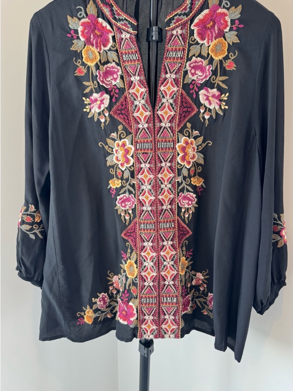 Johnny Was Black Embroidered Tunic with Pink & Gold Floral Accents